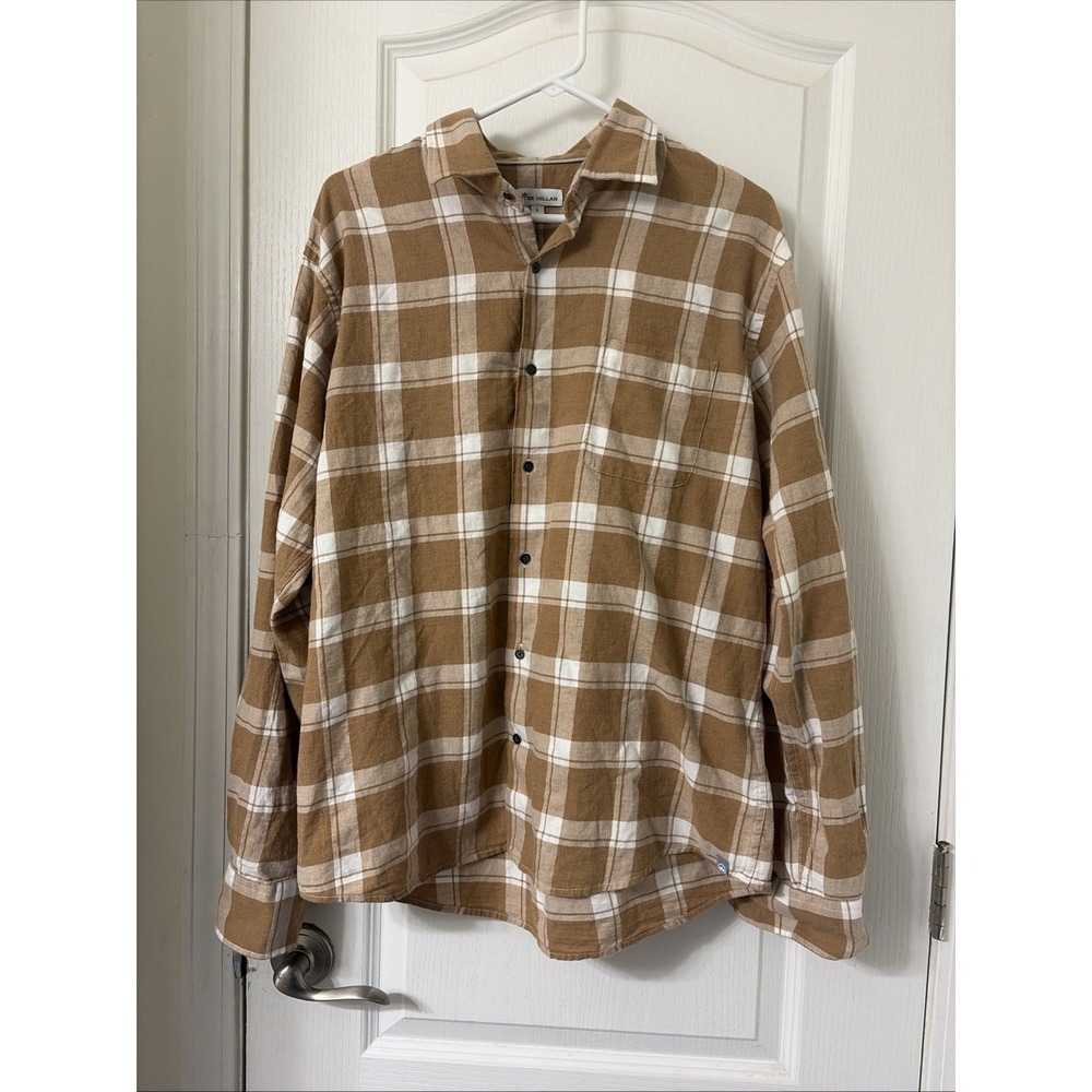 Peter Millar Men Large Brown Tan Plaid Button Down Shirt 100% Cotton Long Sleeve